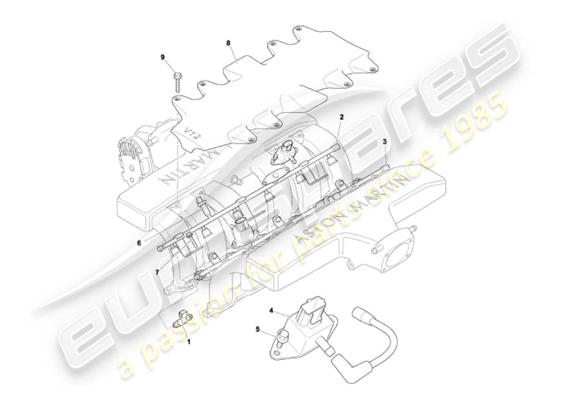 aston martin vanquish (2002) teilediagramm für kraftstoffverteilerrohre und einspritzdüsen