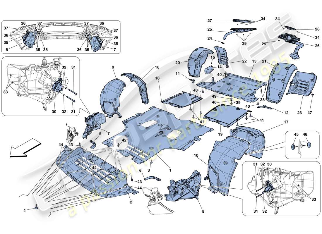 ferrari f12 berlinetta (rhd) flache unterboden- und radkasten-ersatzteildiagramm
