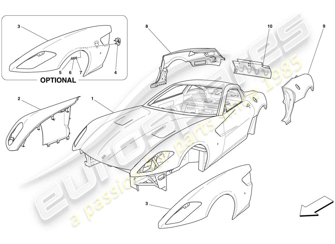 ferrari 599 gtb fiorano (rhd) karosserie – aussenverkleidung teilediagramm
