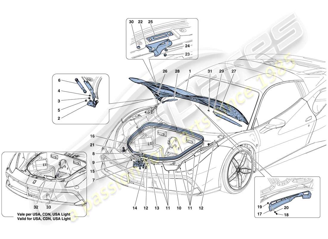 ferrari 488 spider (rhd) vorderer deckel und öffnungsmechanismus teilediagramm