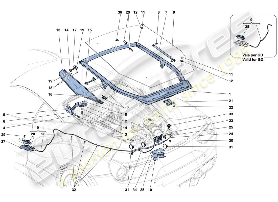 ferrari 488 gtb (usa) motorraumdeckel und entriegelungsmechanismus teilediagramm