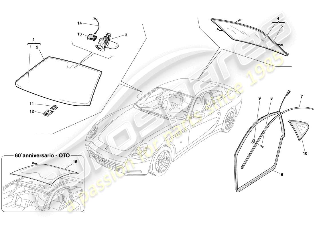 ferrari 612 sessanta (rhd) screens, windows and seals part diagram