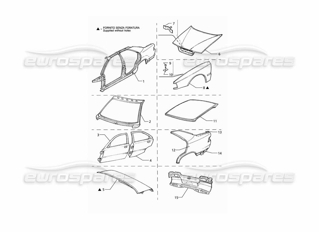 maserati qtp v6 (1996) body shell: outer panels (lhd) part diagram