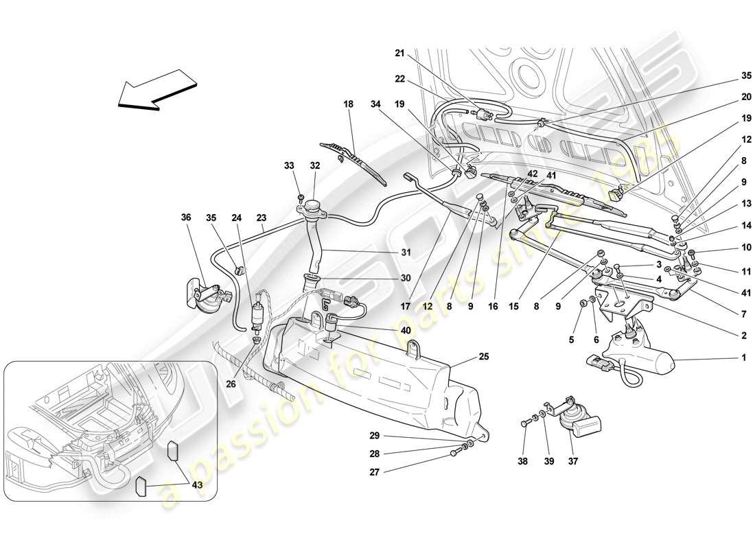 ferrari f430 scuderia spider 16m (europe) scheibenwischer, scheibe und hupen ersatzteildiagramm