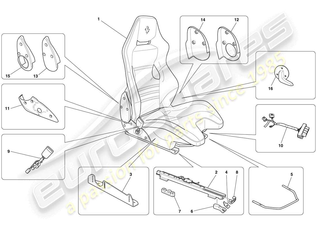 ferrari 599 gto (rhd) vorderer rennsitz – schienen und mechanismus teilediagramm