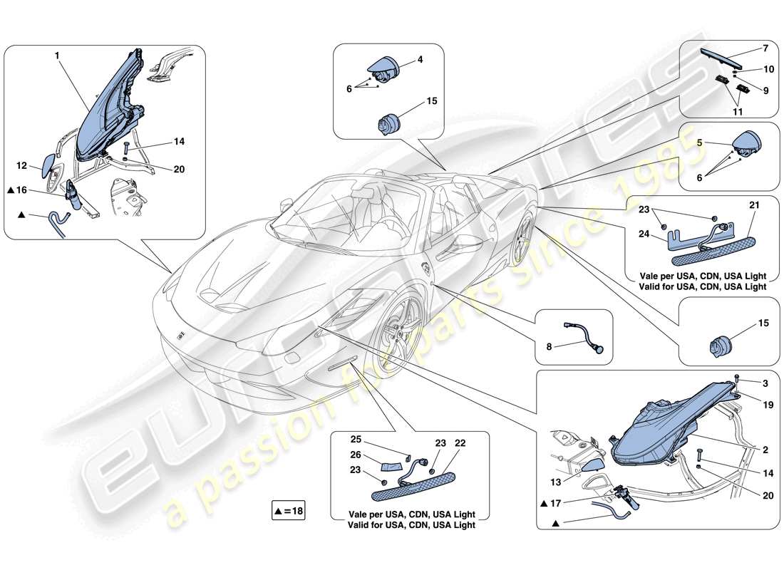 ferrari 458 speciale aperta (usa) scheinwerfer und rücklichter ersatzteildiagramm