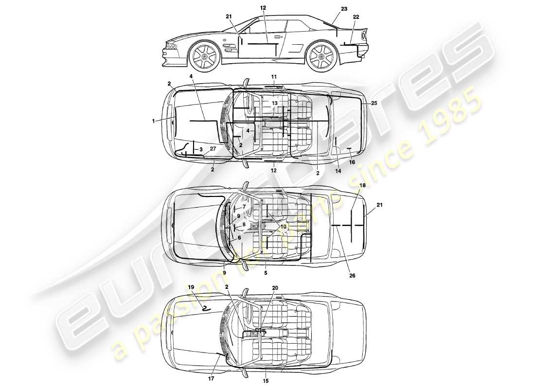 aston martin v8 volante (2000) kabelbaum-teilediagramm