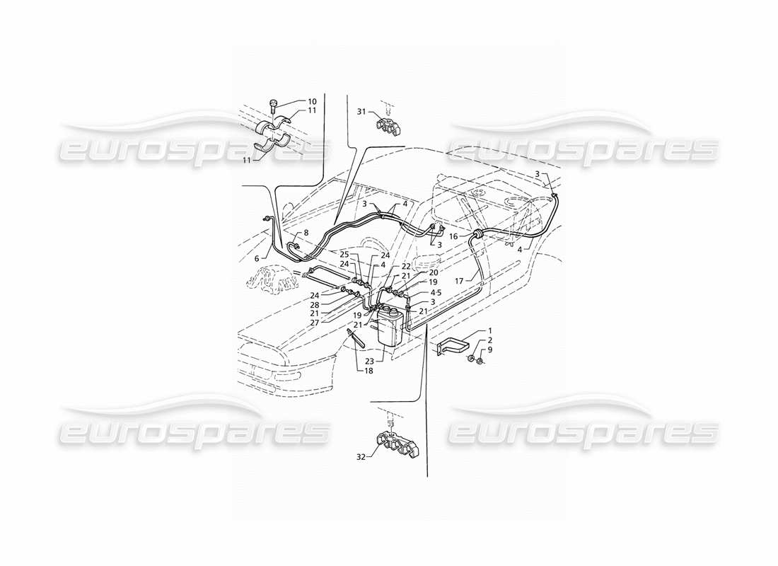 maserati qtp v6 (1996) system zur rückgewinnung von verdunstungsdämpfen und kraftstoffleitungen (lhd) teilediagramm