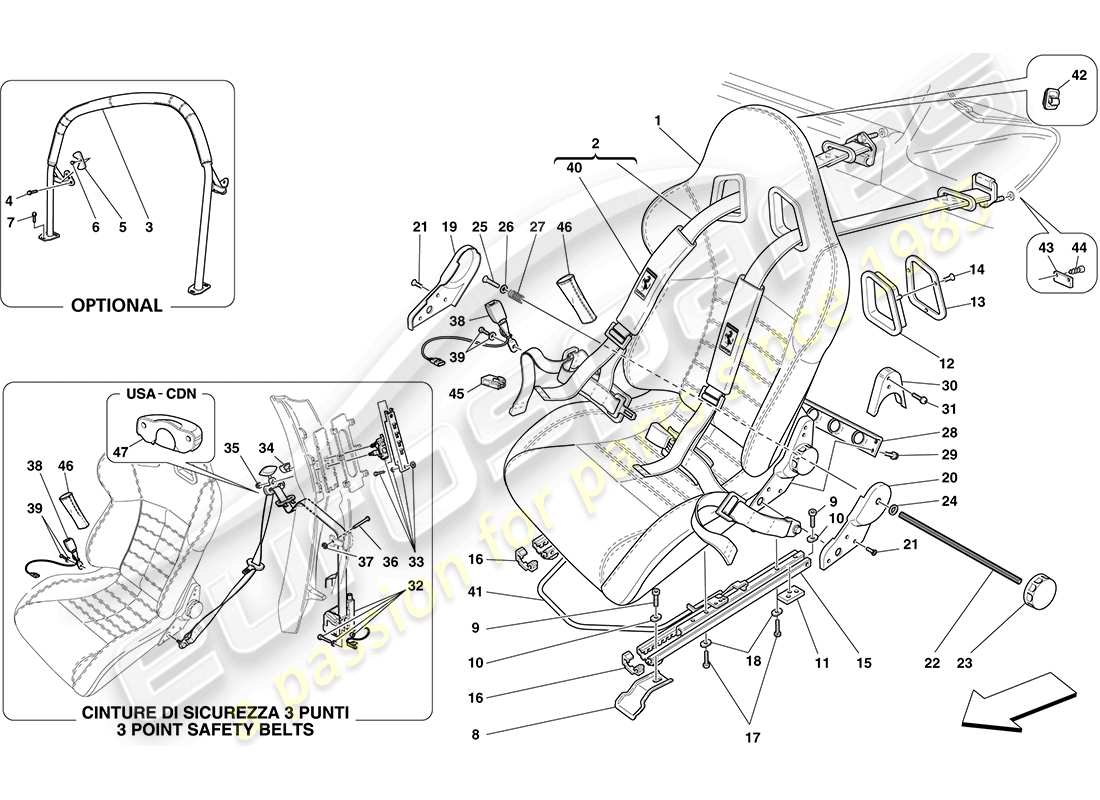 ferrari f430 coupe (rhd) racing seat-4 point seat harness-rollbar ersatzteildiagramm