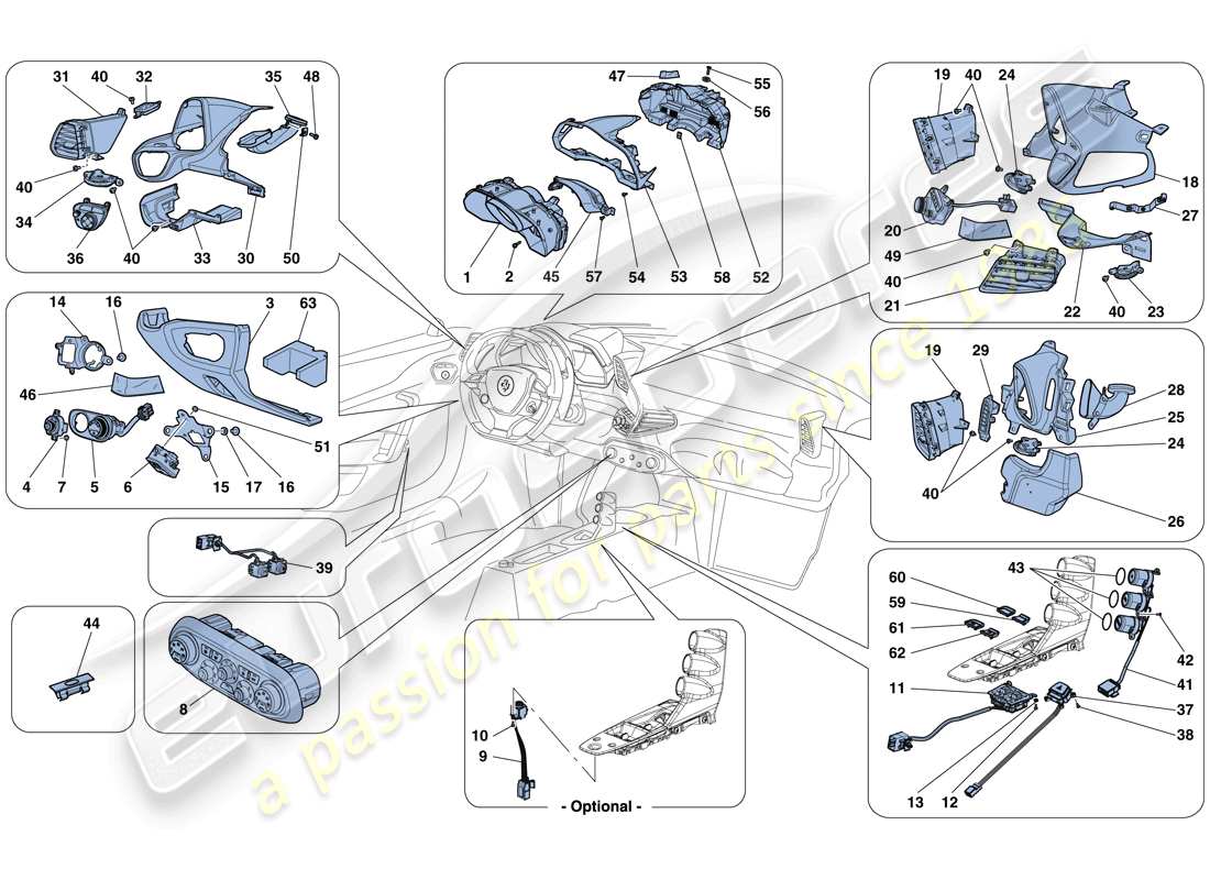 ferrari 458 speciale aperta (usa) armaturenbrett- und tunnelinstrumente ersatzteildiagramm