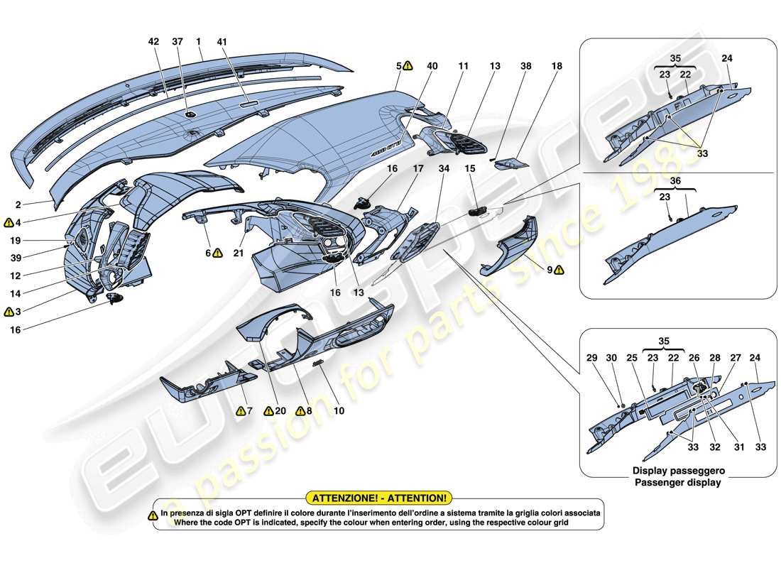 ferrari 488 gtb (rhd) armaturenbrett - verkleidung ersatzteildiagramm