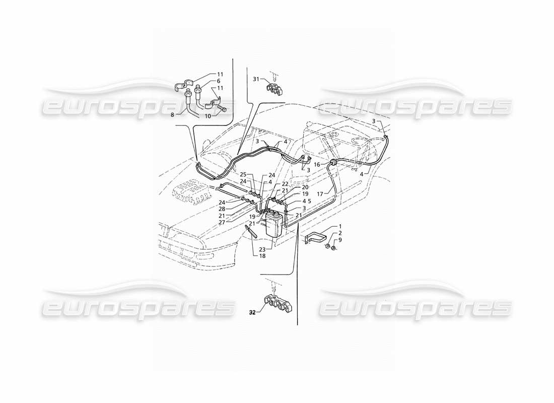 maserati qtp v8 (1998) system zur rückgewinnung von verdunstungsdämpfen und kraftstoffleitungen (rhd) teilediagramm