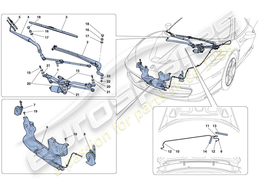 ferrari 458 speciale (rhd) scheibenwischer, scheibe und hupen ersatzteildiagramm