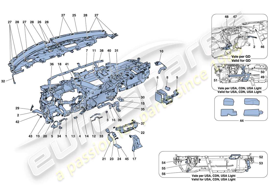 ferrari 488 spider (rhd) armaturenbrett - unterkonstruktion ersatzteildiagramm
