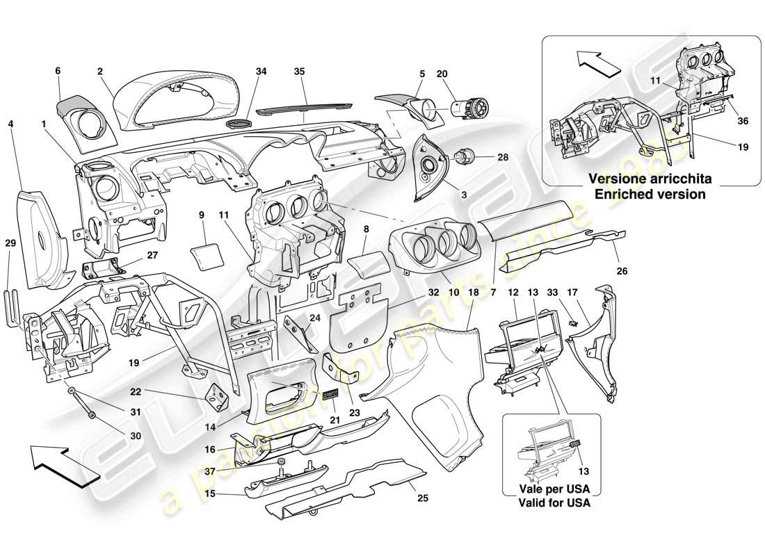 ferrari 612 scaglietti (usa) dashboard-ersatzteildiagramm