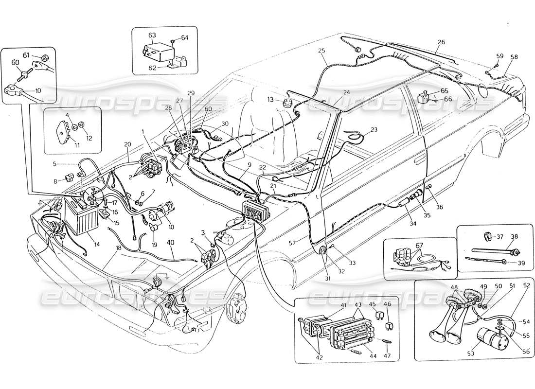 maserati 222 / 222e biturbo kabelbaum und elektrische komponenten (rechte lenkung) - teilediagramm