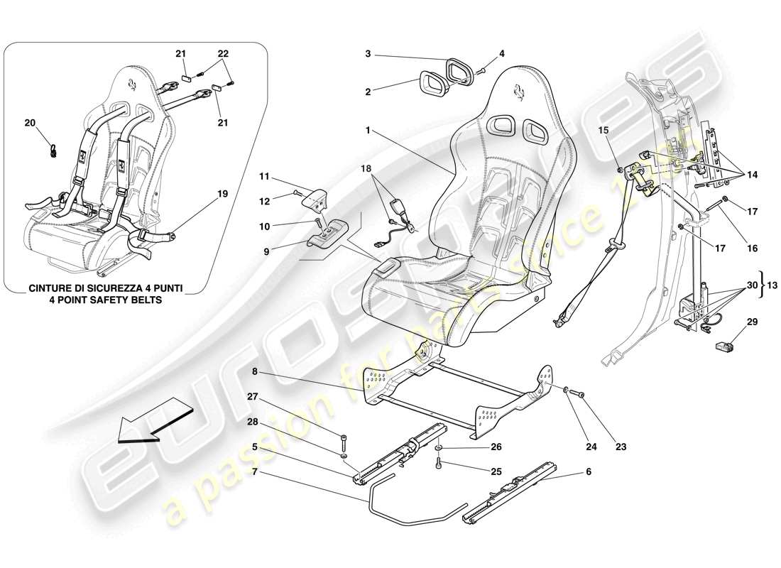 ferrari 599 gtb fiorano (rhd) vorderer rennsitz - schienen und mechanismus ersatzteildiagramm