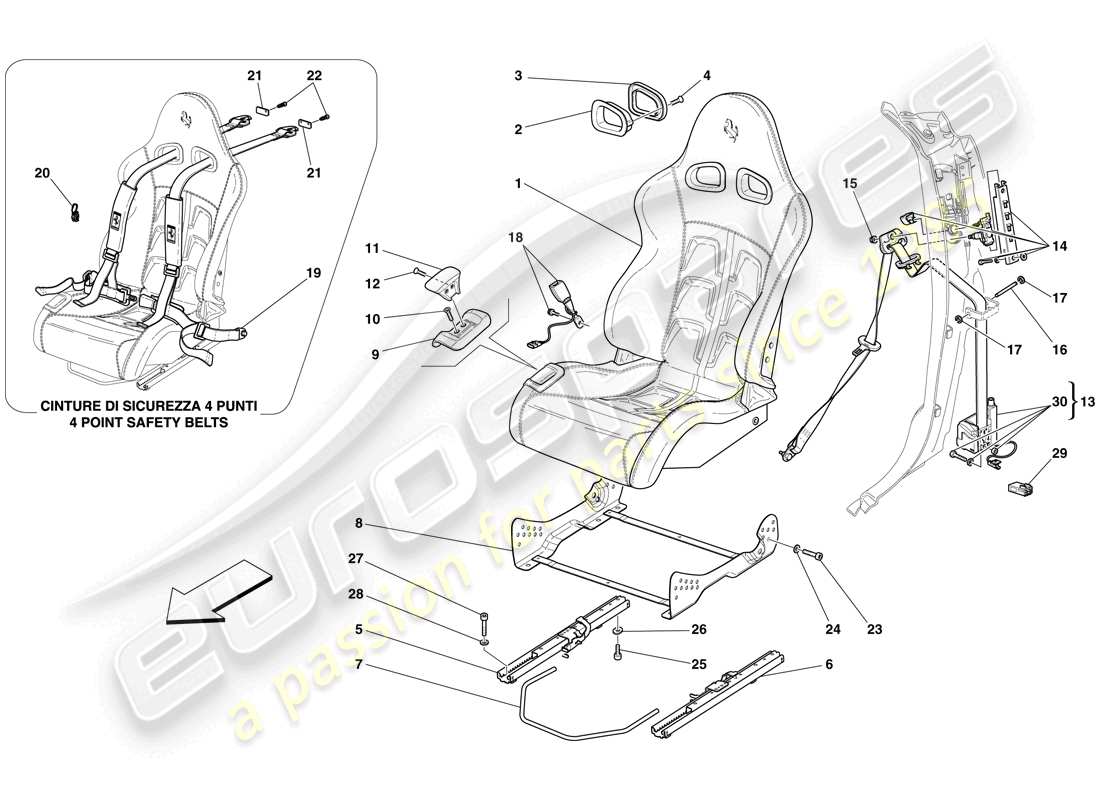 ferrari 599 gtb fiorano (usa) vorderer rennsitz - schienen und mechanismus ersatzteildiagramm