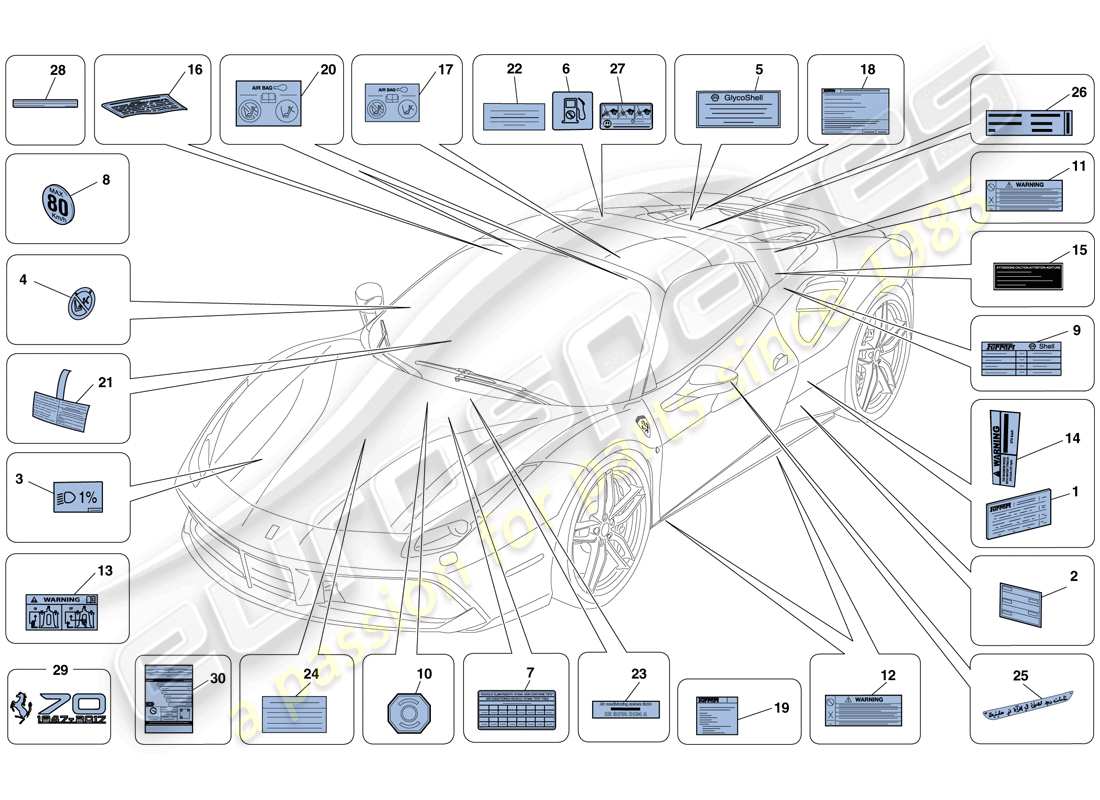 ferrari 488 spider (rhd) klebeetiketten und -schilder ersatzteildiagramm