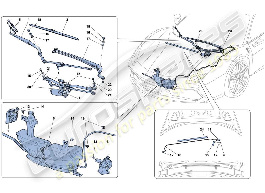 ferrari 488 gtb (rhd) scheibenwischer, scheibe und hupen ersatzteildiagramm