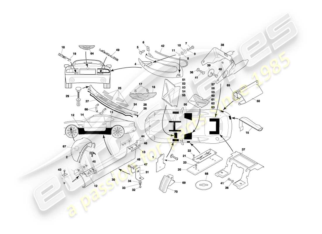 aston martin db7 vantage (1999) teilediagramm für karosseriebeschläge