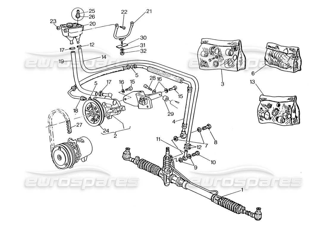 maserati 222 / 222e biturbo teilediagramm für servolenkungssystem (rechte lenkung)