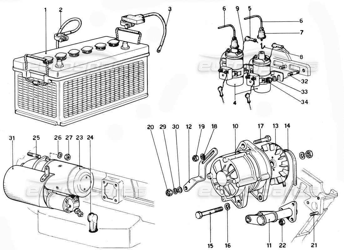 ferrari 365 gtc4 (mechanical) lichtmaschine und anlasser - revisionsteilediagramm