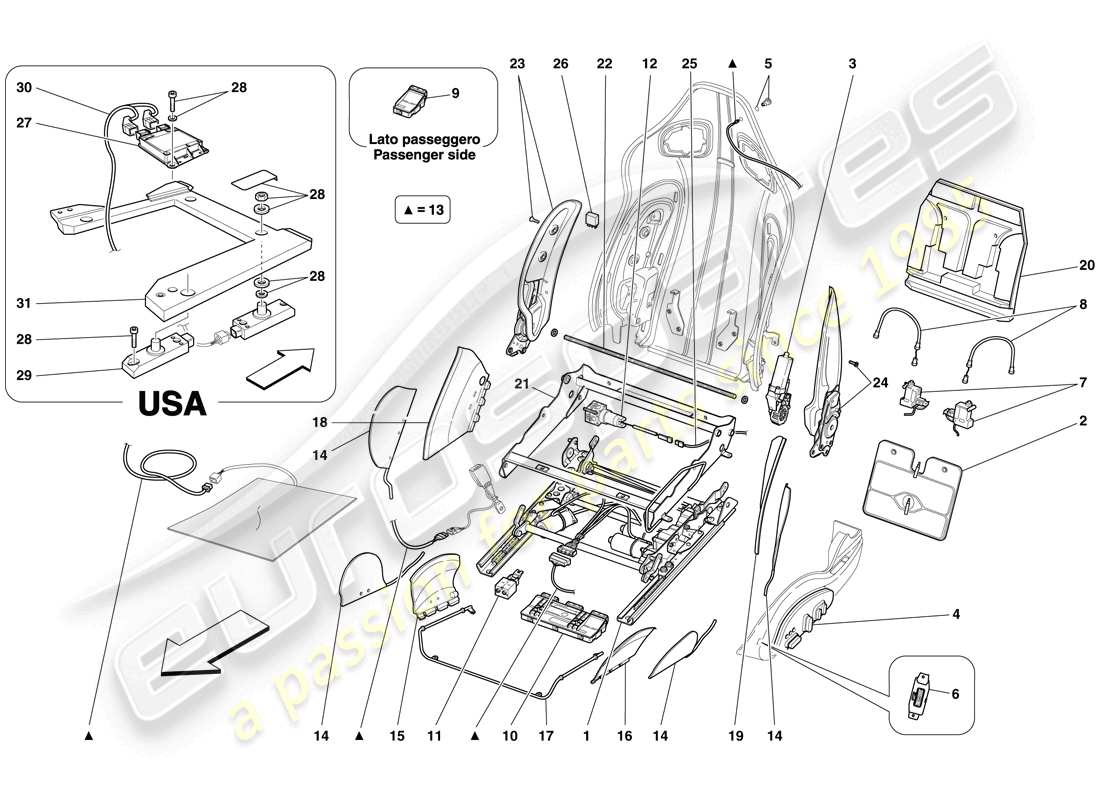 ferrari 599 gto (rhd) vordersitz – führungen und einstellmechanismen teilediagramm