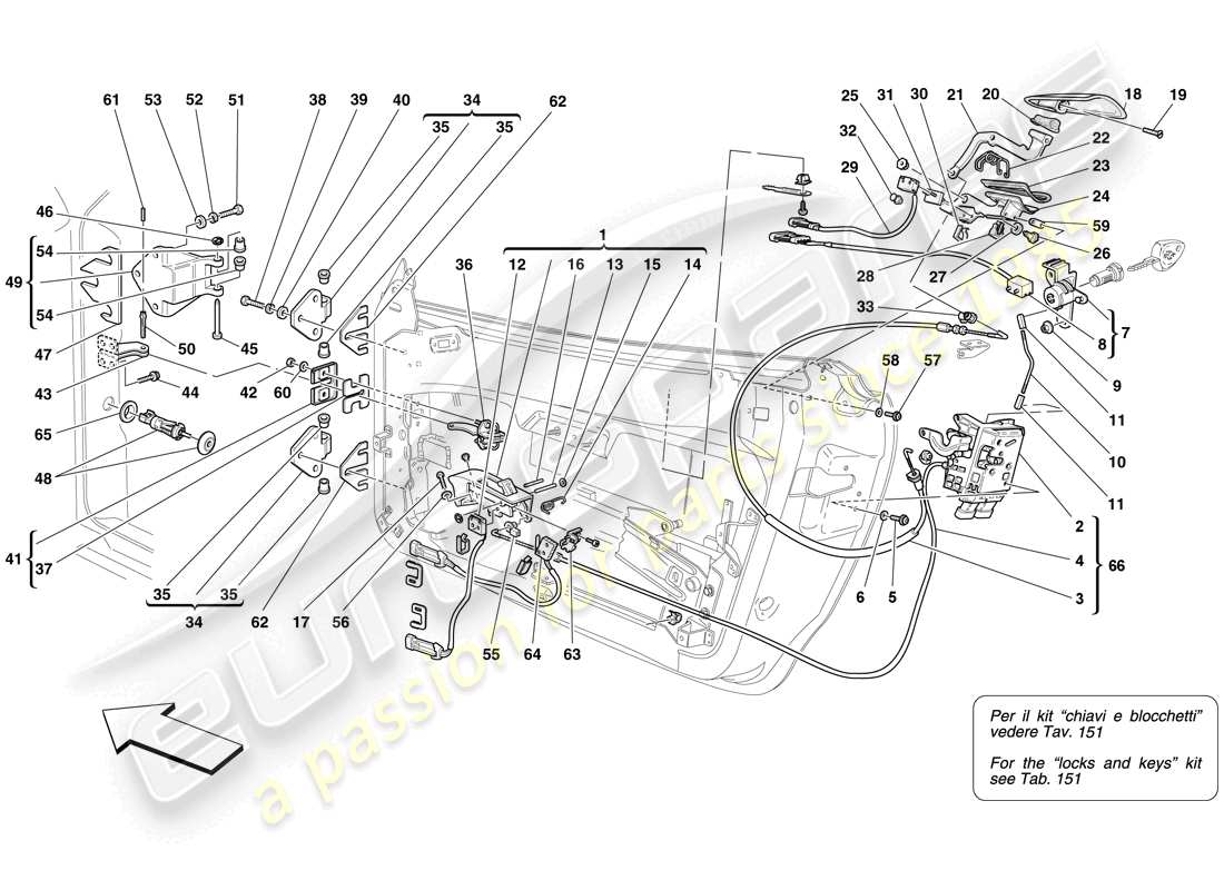 ferrari f430 spider (rhd) türen - öffnungsmechanismus und scharniere ersatzteildiagramm