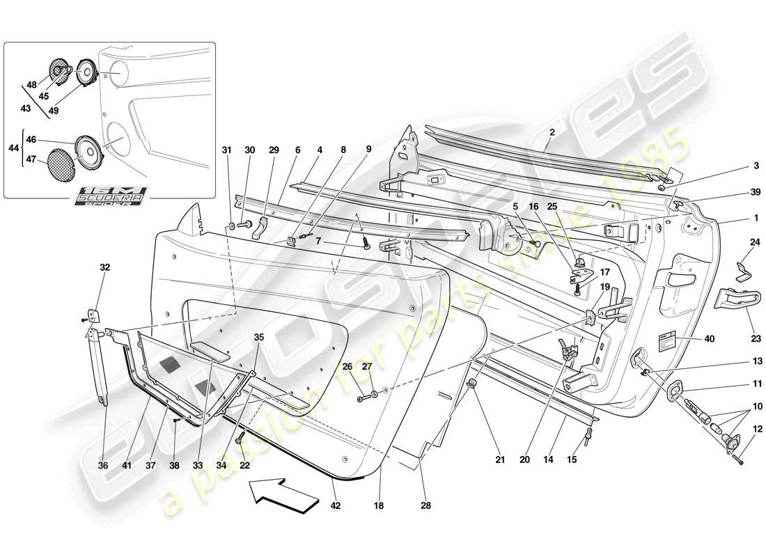 ferrari f430 scuderia (rhd) türen - unterkonstruktion und verkleidung teilediagramm