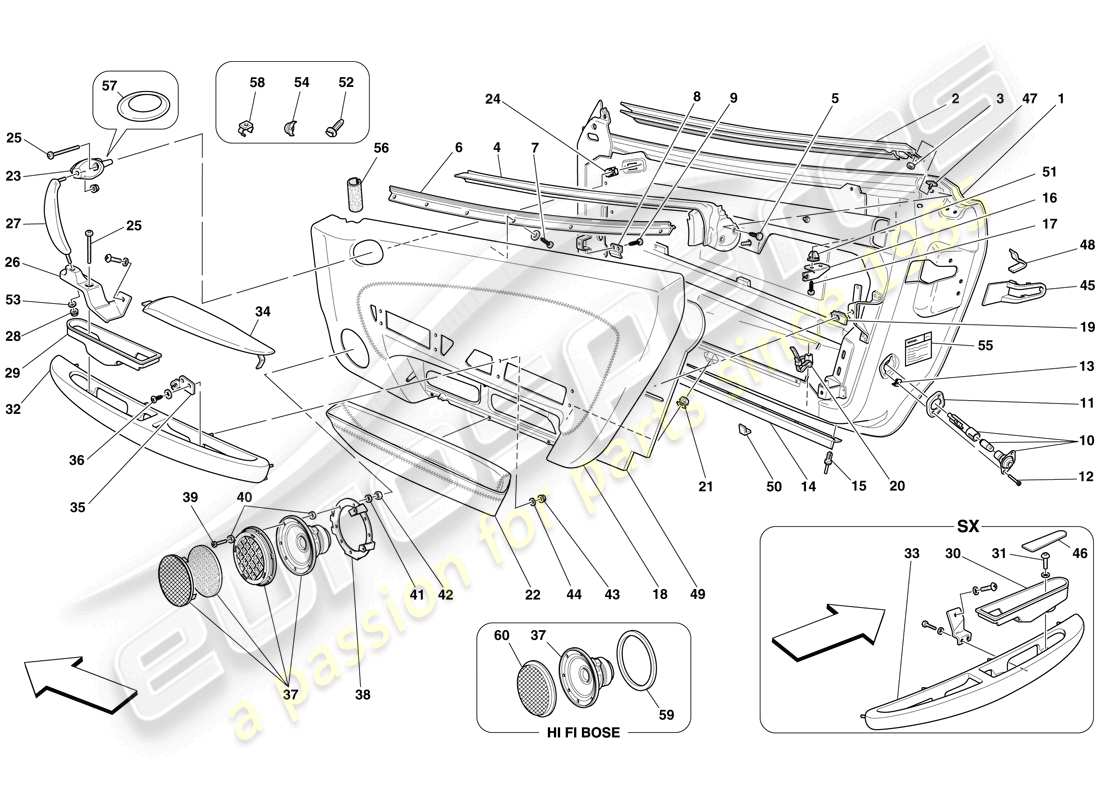 ferrari f430 spider (rhd) türen - unterkonstruktion und verkleidung teilediagramm