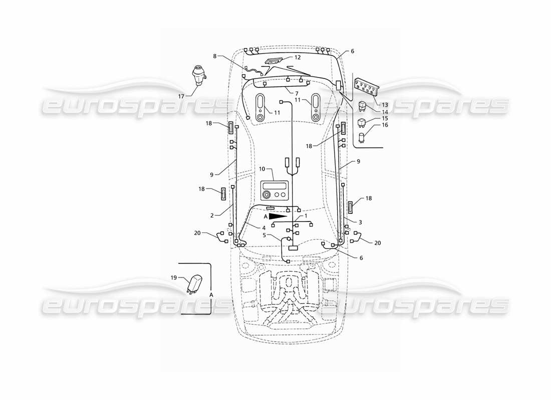 maserati qtp v6 (1996) elektrisches system: teilediagramm für kofferraum, türen und fahrgastraum (linkslenker)