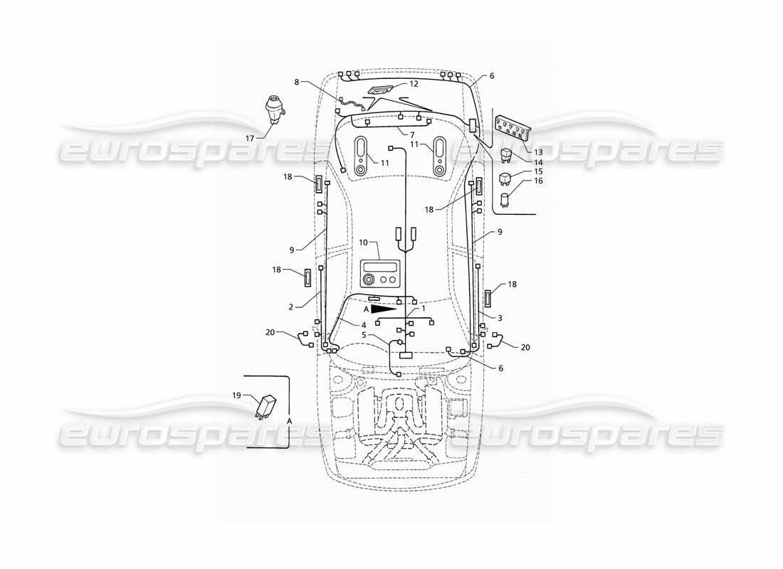 maserati qtp v6 (1996) elektrisches system: teilediagramm für kofferraum, türen und fahrgastraum (rhd)