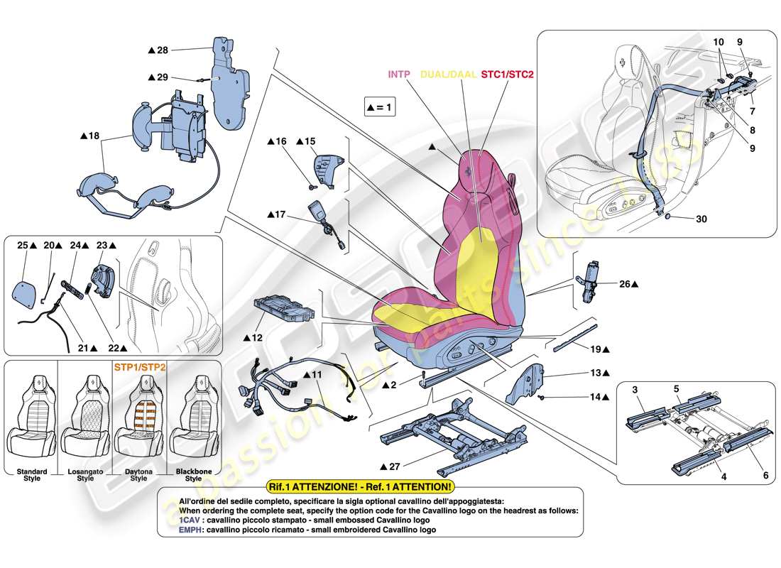 ferrari california t (rhd) vordersitz – sicherheitsgurte teilediagramm