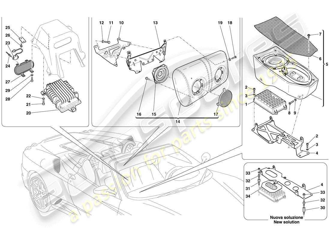ferrari f430 spider (rhd) teilediagramm für das hochleistungs-hifi-system von bose