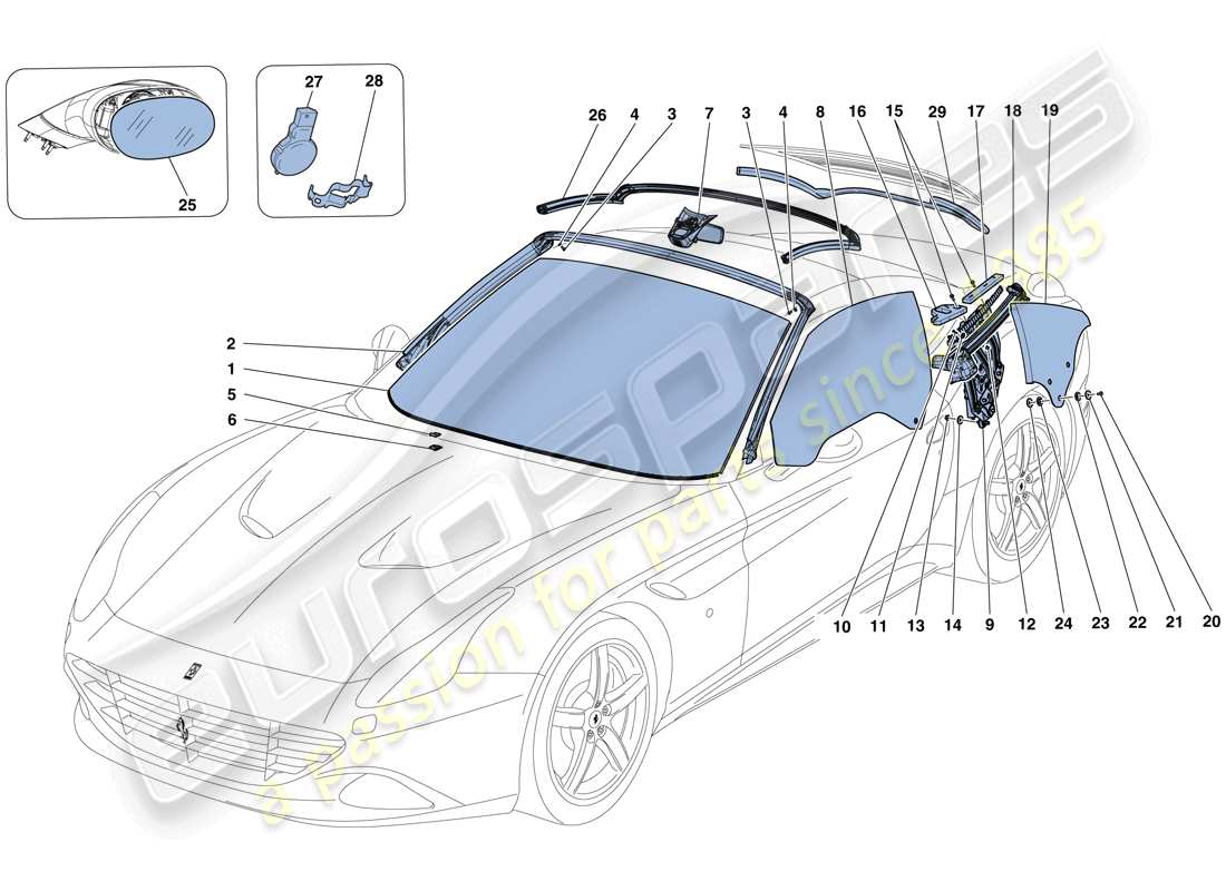 ferrari california t (rhd) bildschirme, fenster und dichtungen teilediagramm