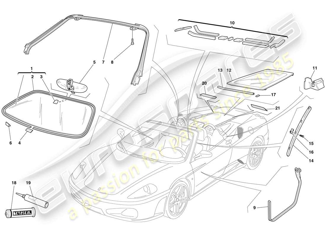 ferrari f430 spider (rhd) bildschirme, fenster und dichtungen ersatzteildiagramm