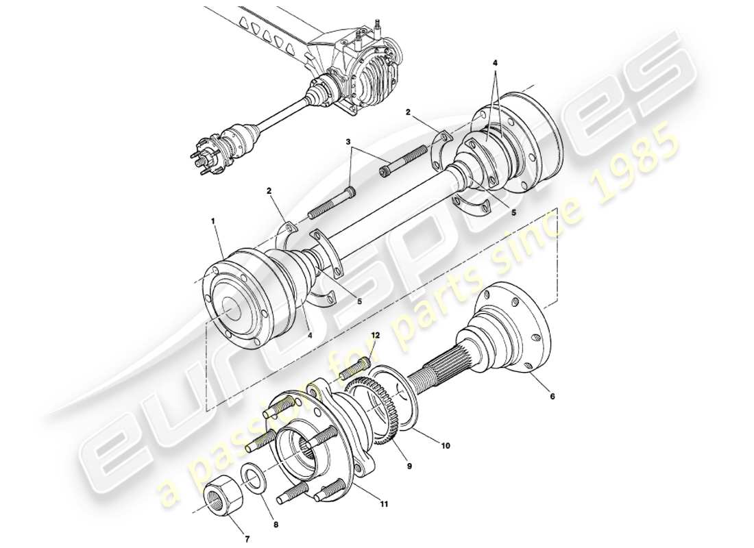 aston martin v8 volante (2000) teilediagramm für antriebswellen- und nabenbaugruppe