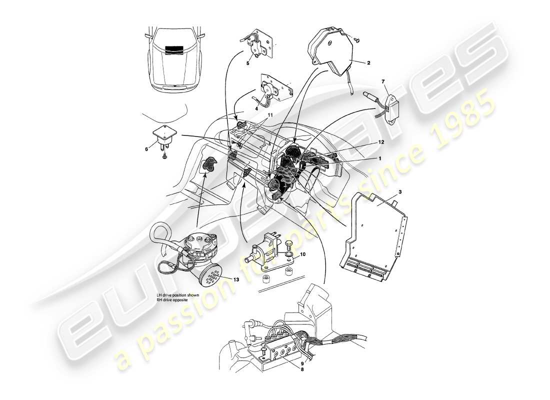 aston martin v8 volante (1999) teilediagramm für sensoren, schalter, magnetspulen, motoren usw.