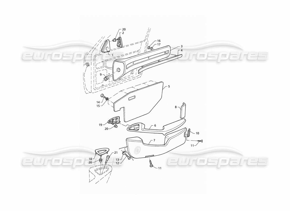 maserati qtp v6 (1996) inner trims: front door panels (rhd) part diagram