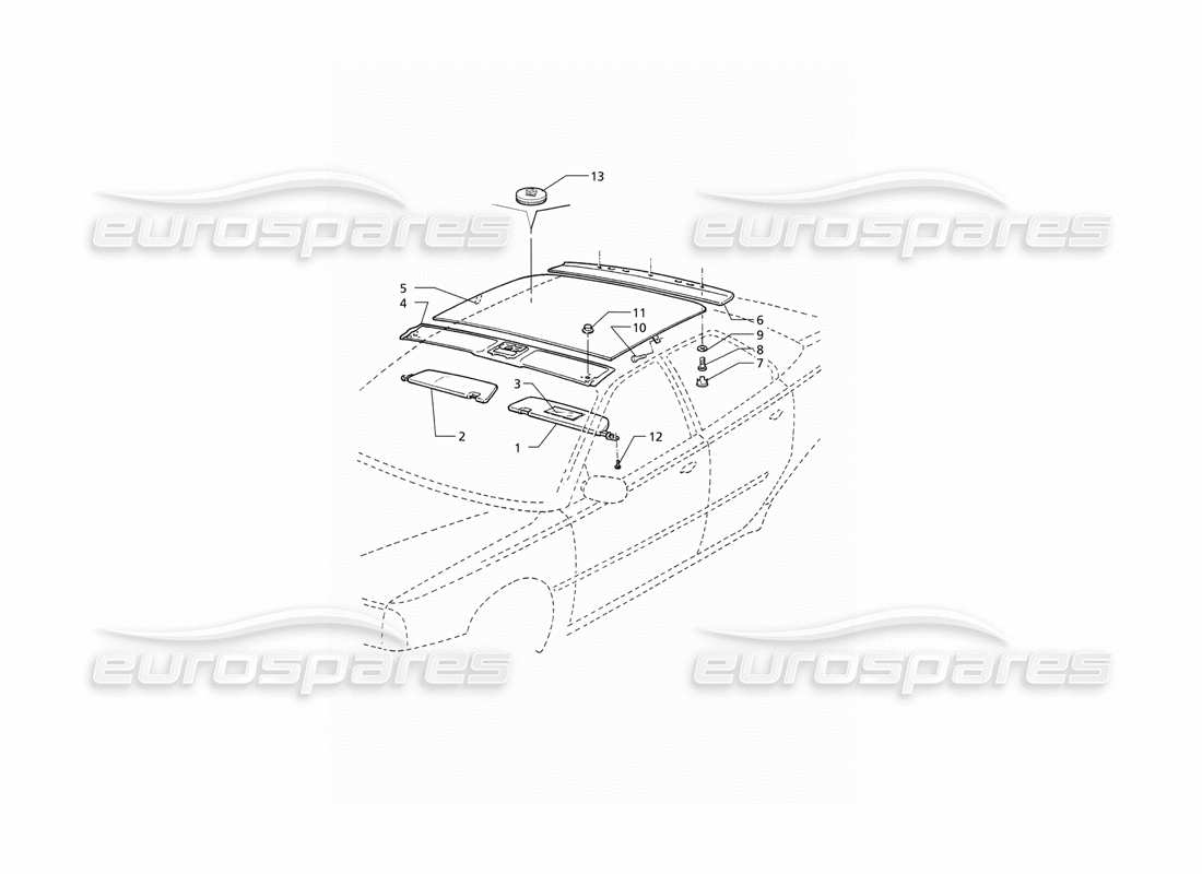 maserati qtp v8 (1998) innenverkleidungen: dach (rhd) teilediagramm