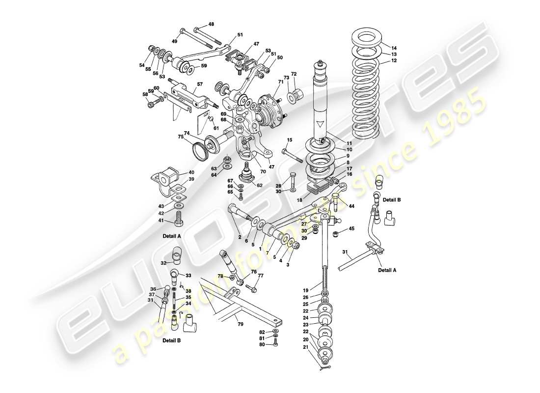 aston martin v8 volante (1997) vordere aufhängung teilediagramm