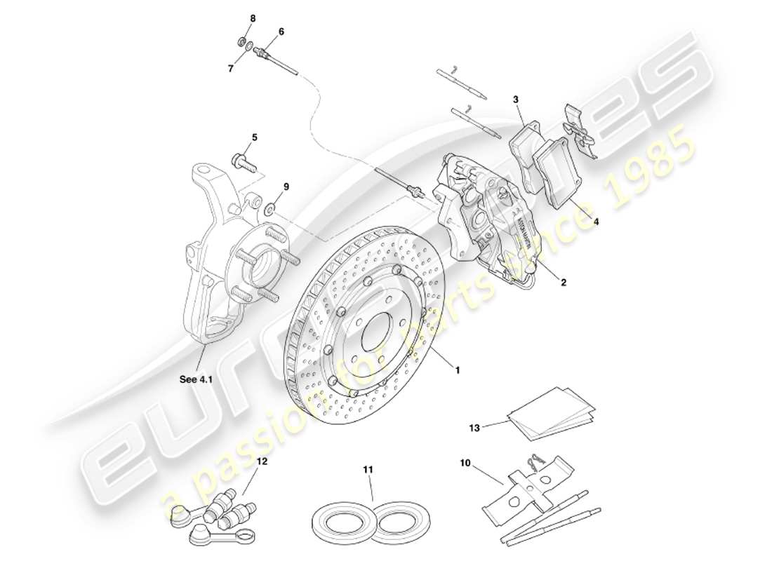 aston martin db7 vantage (2002) teilediagramm für vorderbremsen
