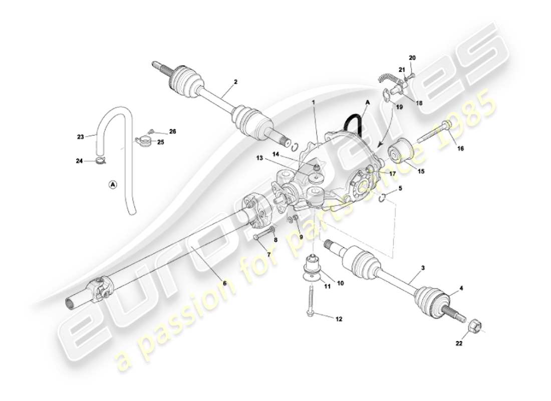 aston martin vanquish (2007) teilediagramm für differentialbaugruppe, antrieb und gelenkwellen