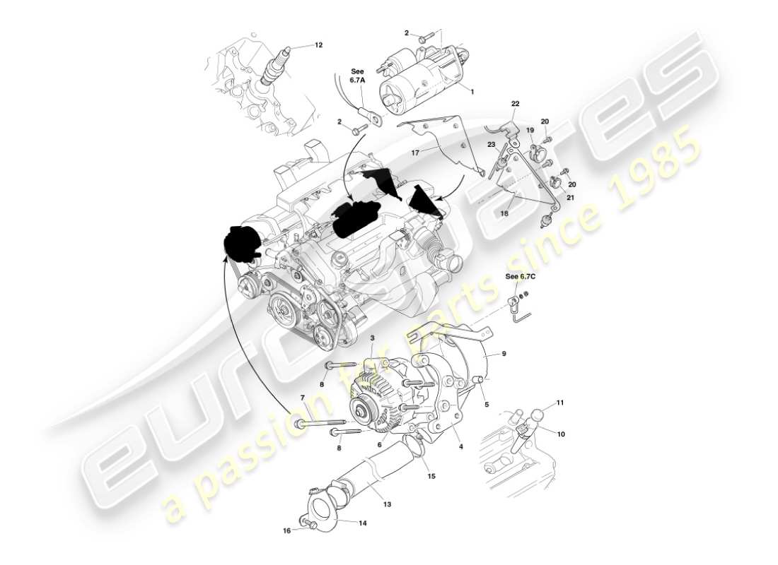 aston martin vanquish (2003) teilediagramm für elektrische motorkomponenten