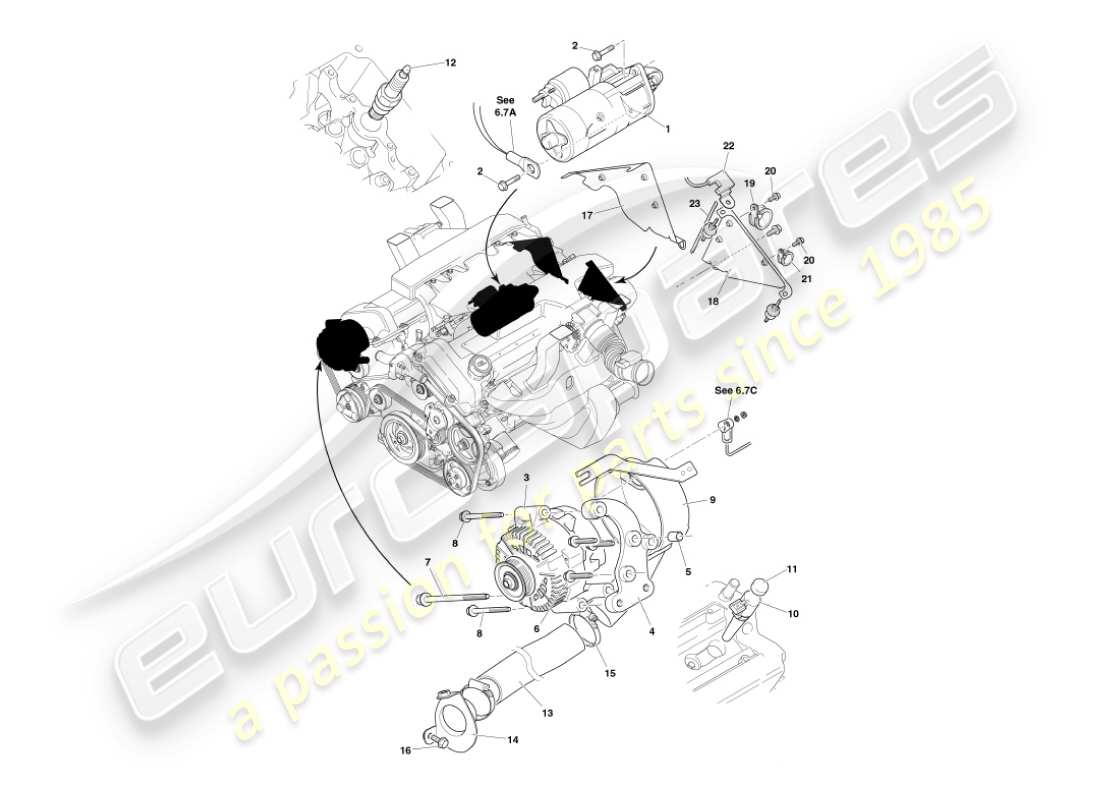 aston martin vanquish (2006) teilediagramm für elektrische motorkomponenten