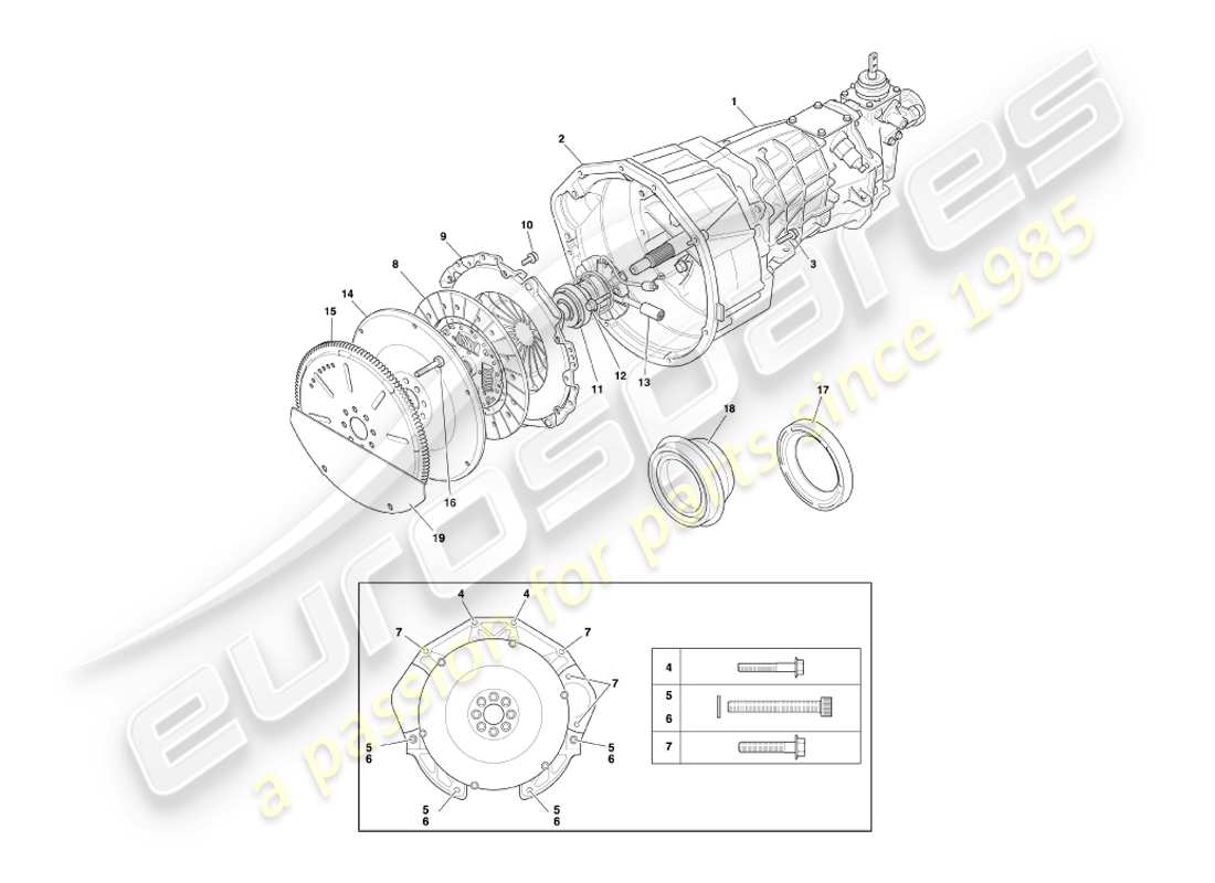 aston martin db7 vantage (2000) teilediagramm für schaltgetriebe und kupplung