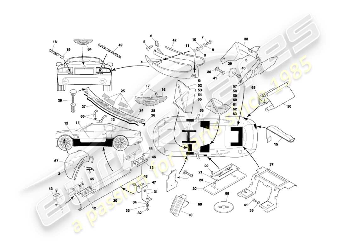 aston martin db7 vantage (2003) teilediagramm für karosseriebeschläge