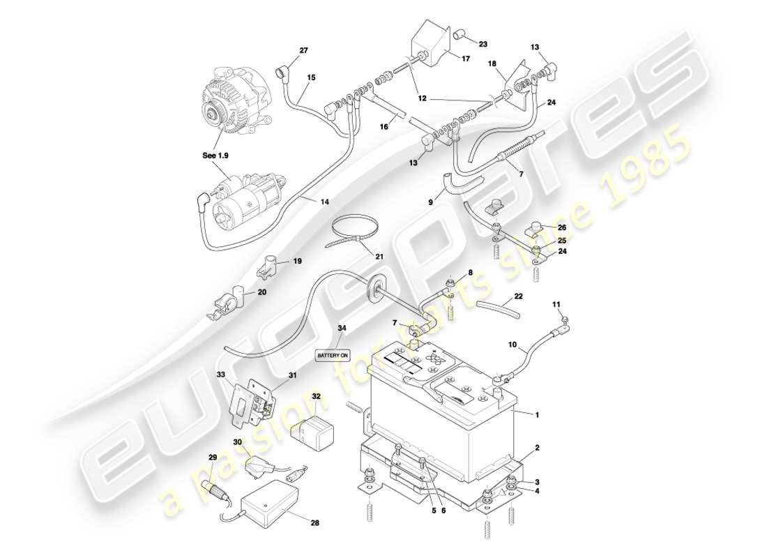 aston martin db7 vantage (2004) diagramm der batterie- und batteriefachteile
