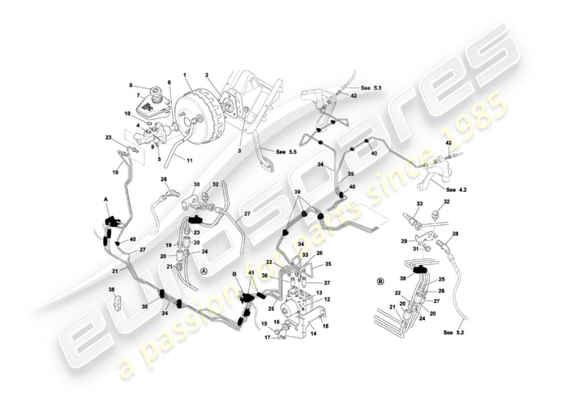aston martin vanquish (2004) teilediagramm für bremskraftverstärker und -modulator